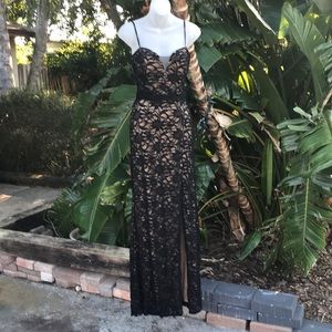 B darlin lace high slit gown